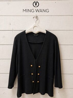 MING WANG Black Textured Knit Jacket Gold Buttons Size 3X (Estimated)